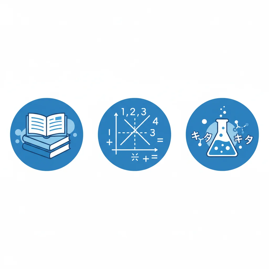 薬学部受験の3科目（英語・数学・化学）を表すフラットイラスト