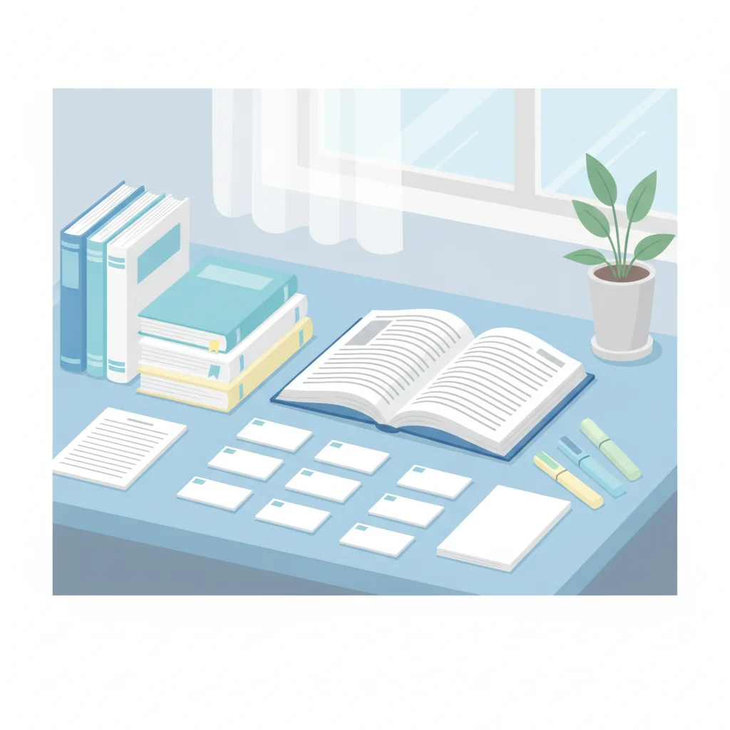 英語の参考書と単語カードが並ぶ勉強デスクのフラットイラスト