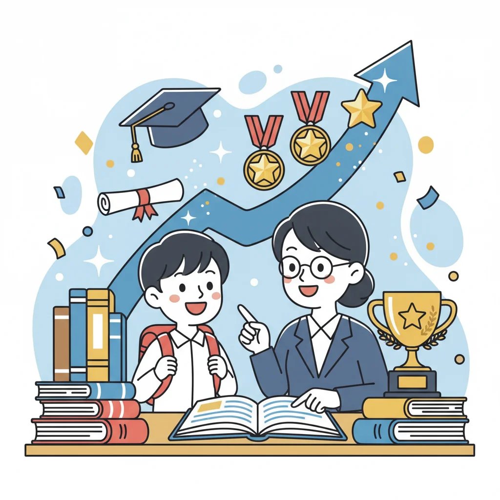 先生が生徒を指導して学力が伸び、合格を掴むシーンのフラットイラスト