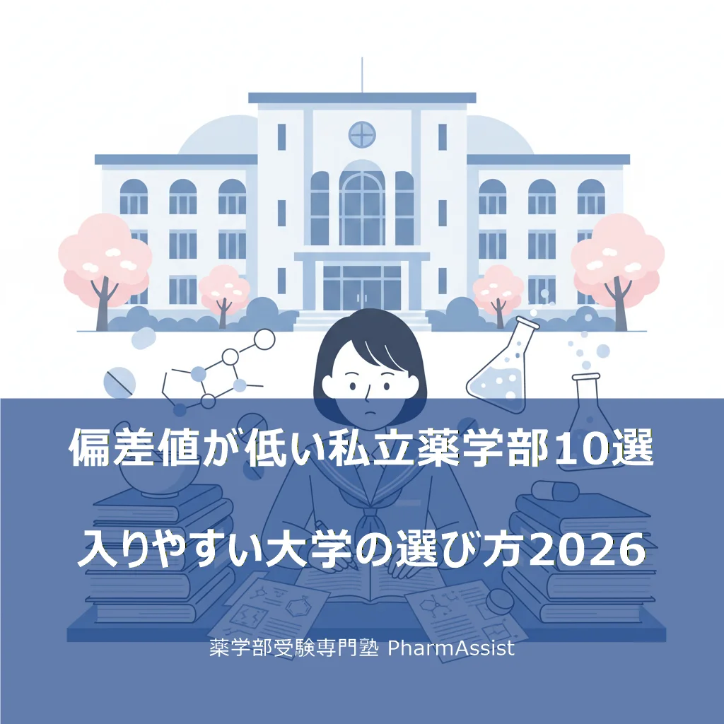偏差値が低い私立薬学部の選び方を解説するフラットイラスト