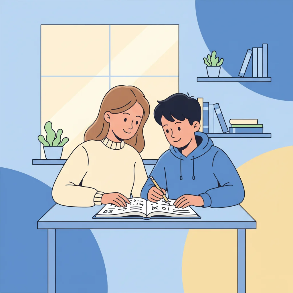 講師と生徒が個別指導で数学を学ぶフラットイラスト