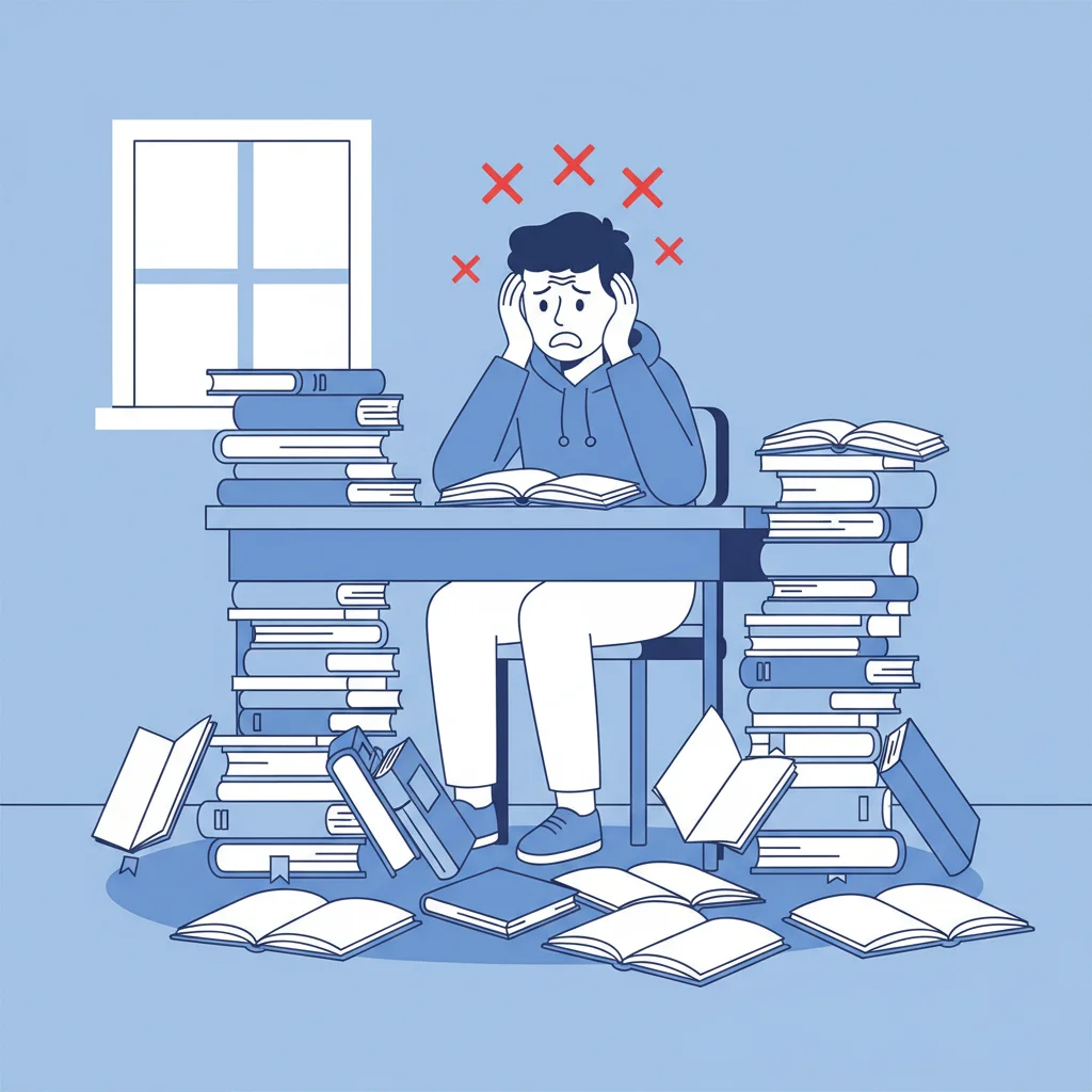 参考書選びの失敗パターンを示すイラスト