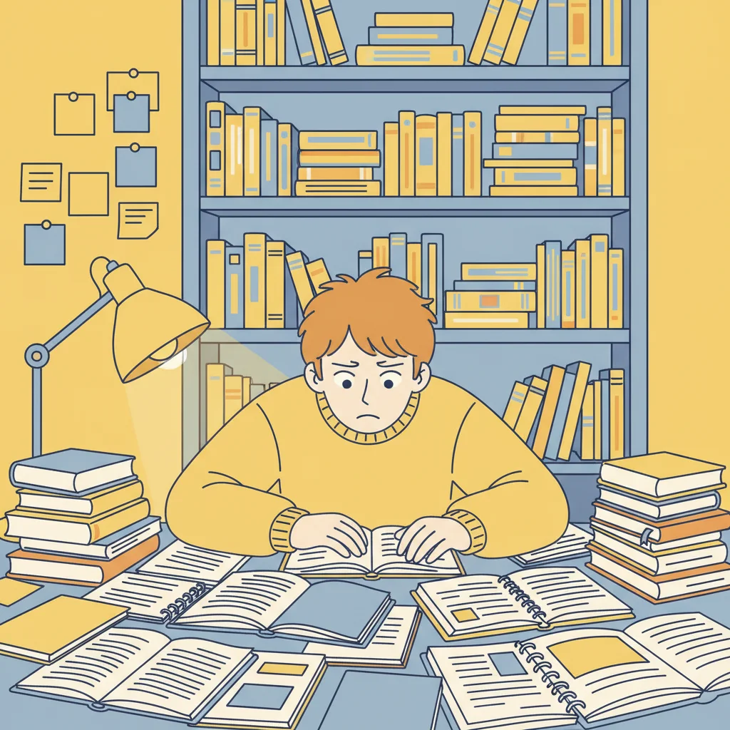 参考書を多く買いすぎて困っている受験生のイラスト