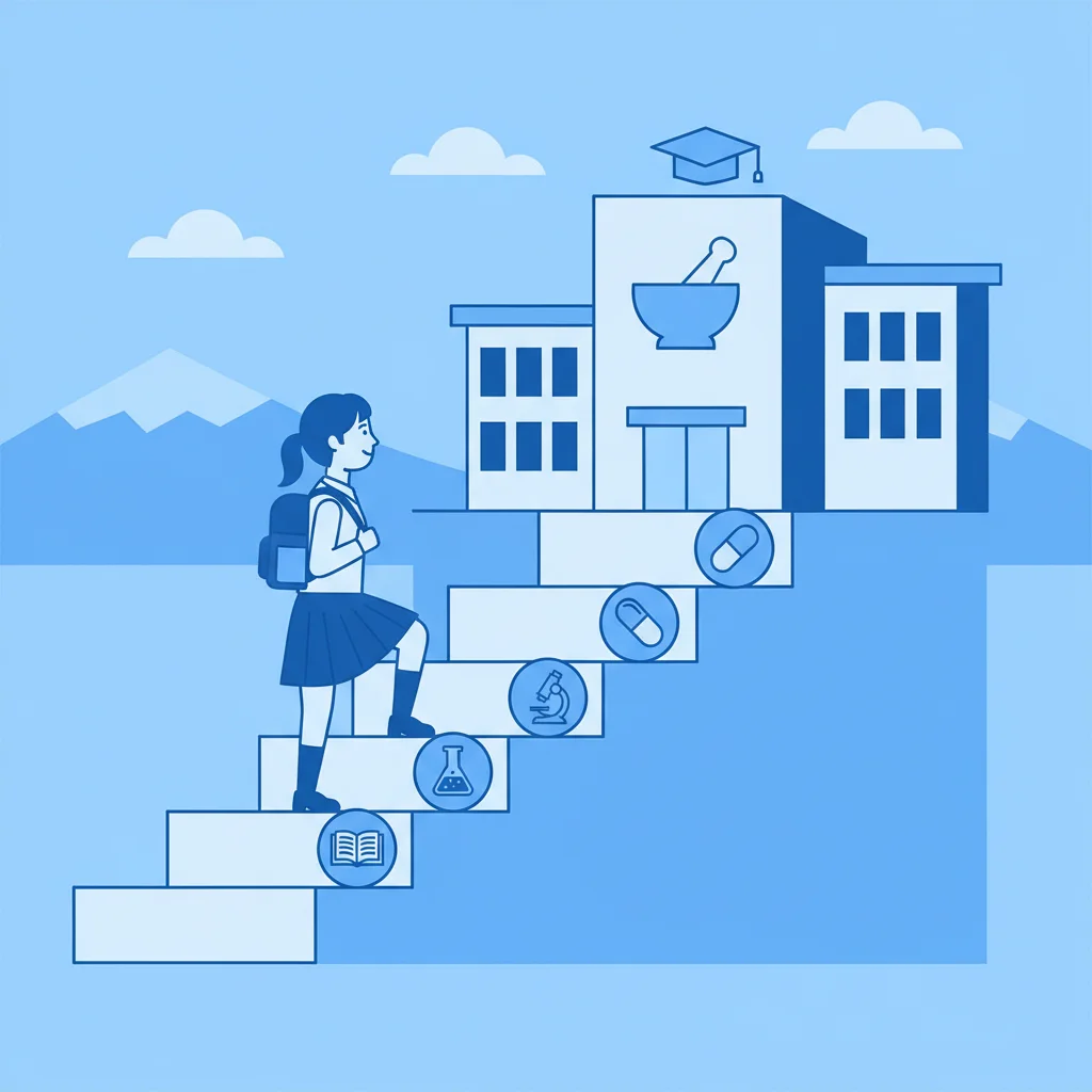 薬学部合格のための5ステップ勉強法を示すイラスト